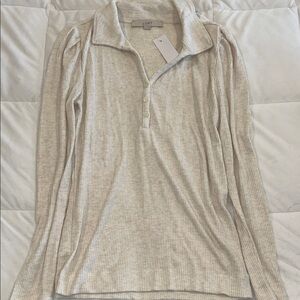 LOFT Beige Ribbed Collared Top